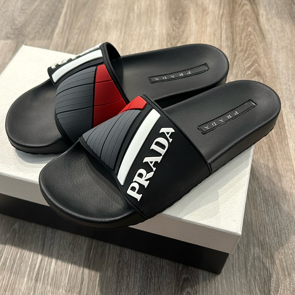 Prada Men's Black and Red Slide Sandals